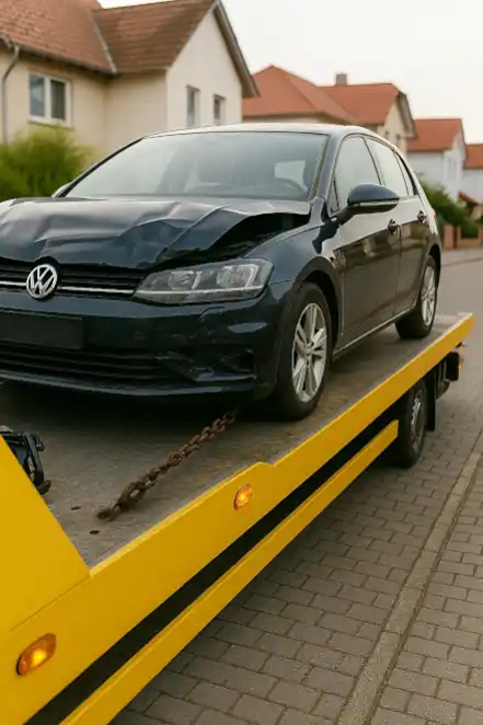 Defektes Fahrzeug wird für den Autoankauf in Bensheim professionell abgeschleppt.